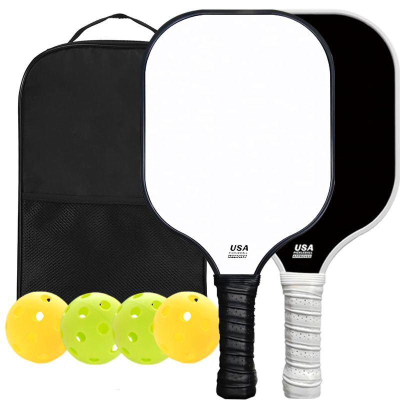 Black and White Fiberglass Pickleball Paddle Set - 2 Minimalist Paddles, 4 Balls, and Carry Bag for Outdoor Play