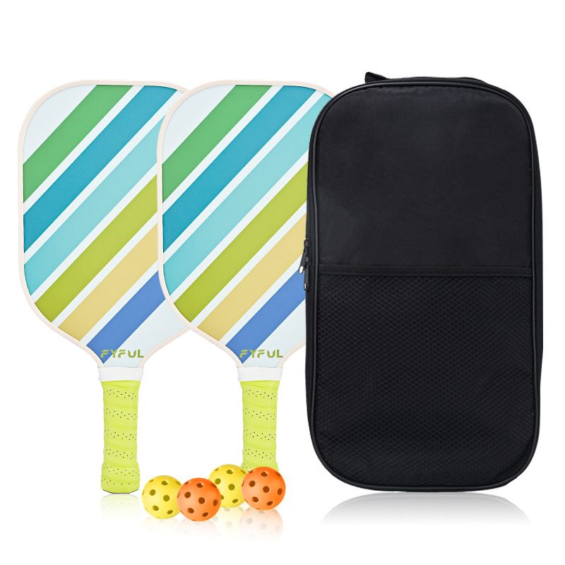 White + Blue + Green Striped Fiberglass Pickleball Paddle Set – 2 Ultra Lightweight Pickleball Rackets + 4 Balls + Carry Bag for Outdoor Play - Large Sweet Spot, Shock-Absorbing Silicone Grip and TPU Edge Guard