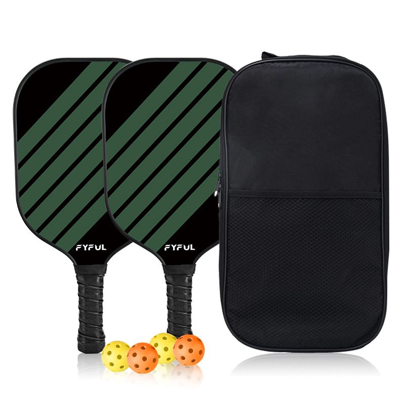 Black + Green Striped Fiberglass Pickleball Paddle Set – 2 Ultra Lightweight Pickleball Rackets + 4 Balls + Carry Bag for Outdoor Play - Large Sweet Spot, Shock-Absorbing Silicone Grip and TPU Edge Guard