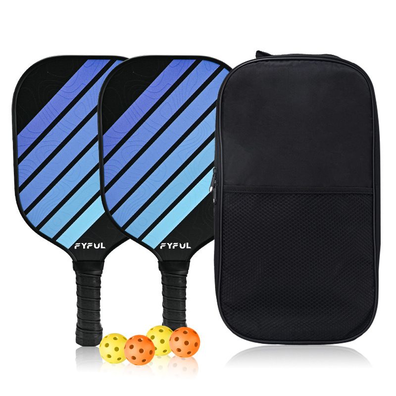 Black + Blue Striped Fiberglass Pickleball Paddle Set – 2 Ultra Lightweight Pickleball Rackets + 4 Balls + Carry Bag for Outdoor Play - Large Sweet Spot, Shock-Absorbing Silicone Grip and TPU Edge Guard