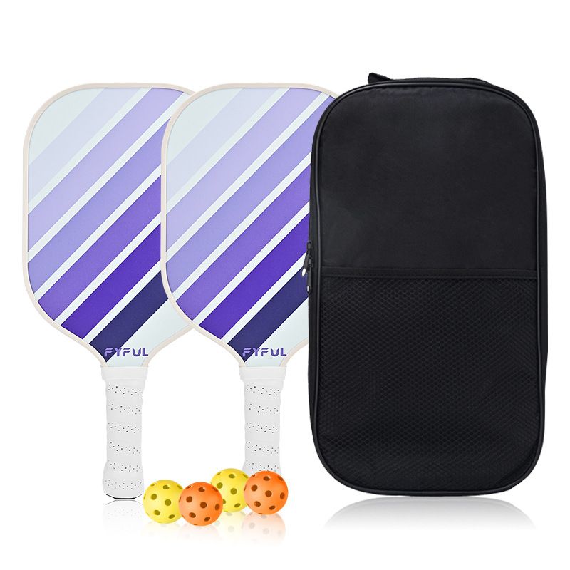 White + Blue + Purple Striped Fiberglass Pickleball Paddle Set – 2 Ultra Lightweight Pickleball Rackets + 4 Balls + Carry Bag for Outdoor Play - Large Sweet Spot, Shock-Absorbing Silicone Grip and TPU Edge Guard