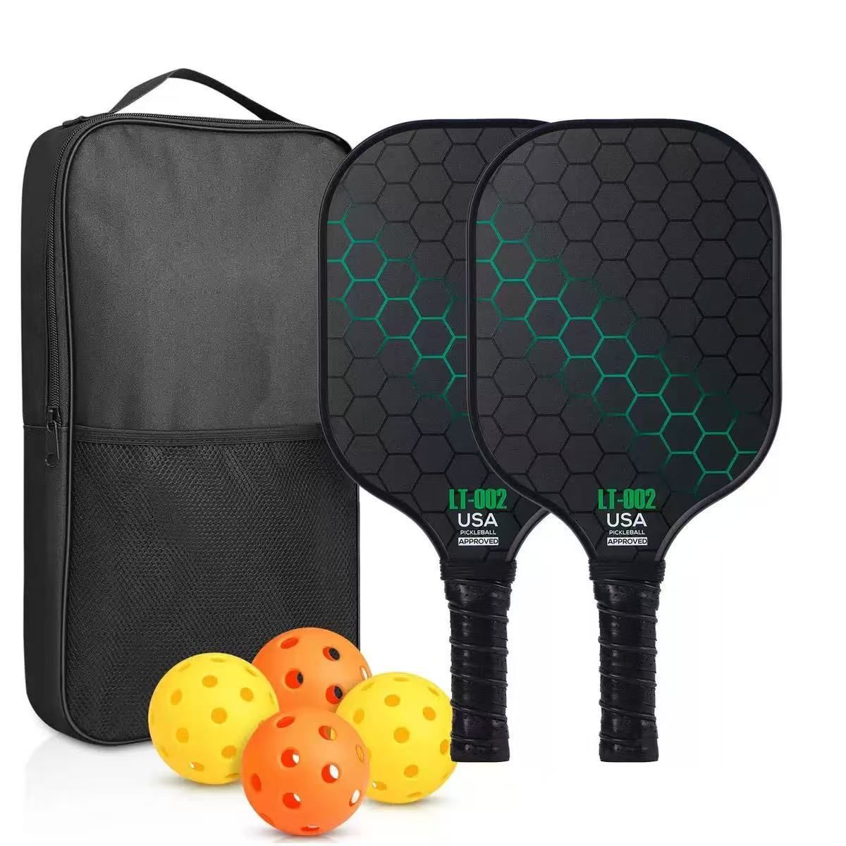 2 rackets, 4 balls, Pidike racket set (green), fiberglass graphite Pidike racket set, ball equipment including balls, bags, accessories, rackets, suitable for beginners and professionals