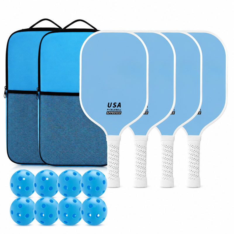 Blue Fiberglass Pickleball Paddle Set - 4 Minimalist Paddles, 8 Balls, and 2 Carry Bags for Outdoor Play