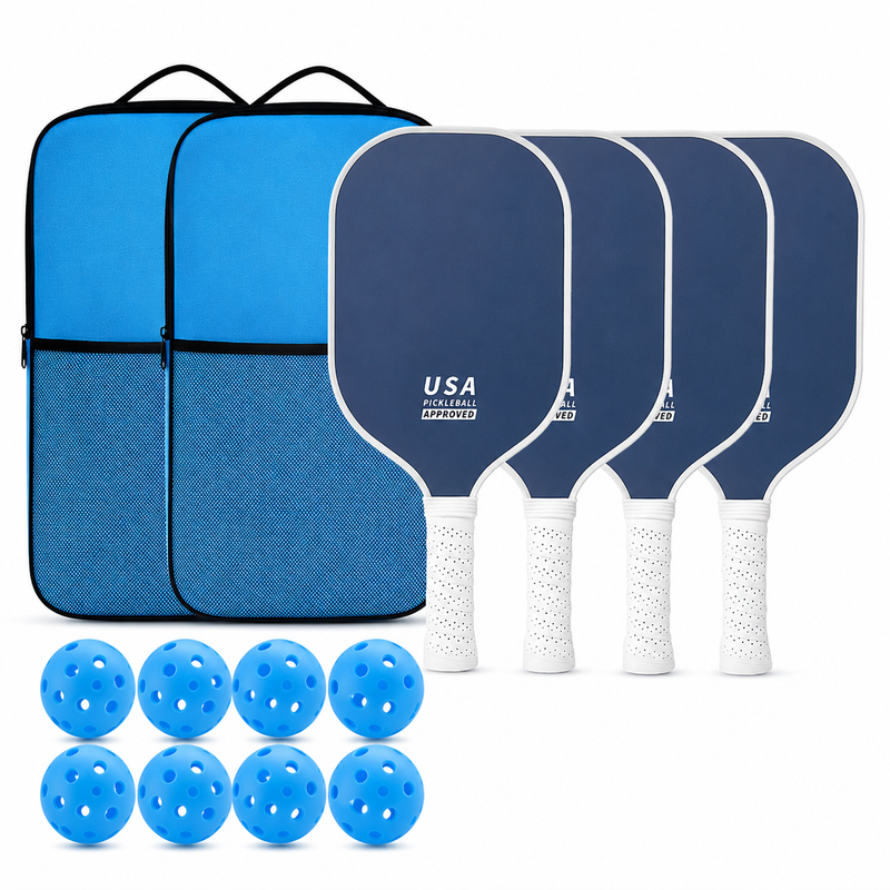 Dark Blue Fiberglass Pickleball Paddle Set - 4 Minimalist Paddles, 8 Balls, and 2 Carry Bags for Outdoor Play